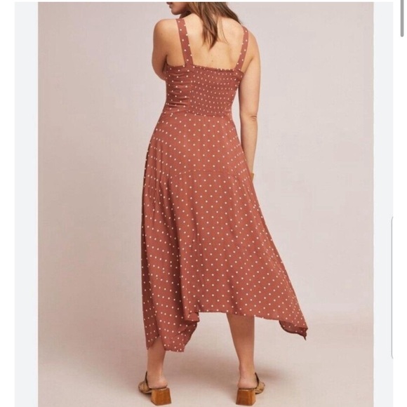 Anthropologie Maeve Vivienne Brown Polka Dot Sweetheart Neck Midi Dress - Picture 2 of 4